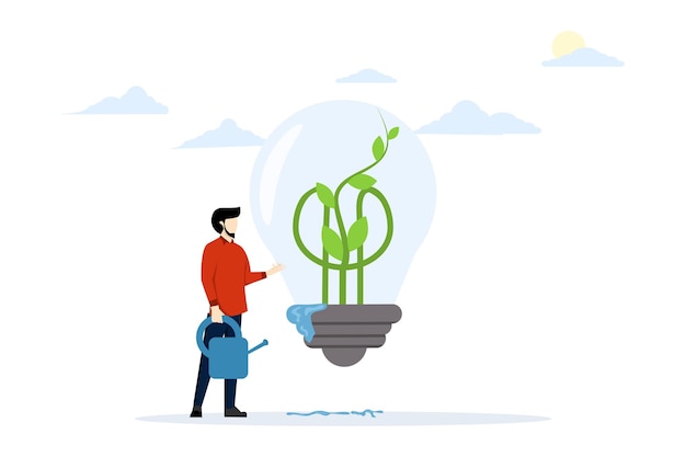 duurzame ecologie en energie illustratie met zakenman water planten binnen gloeilamp idee