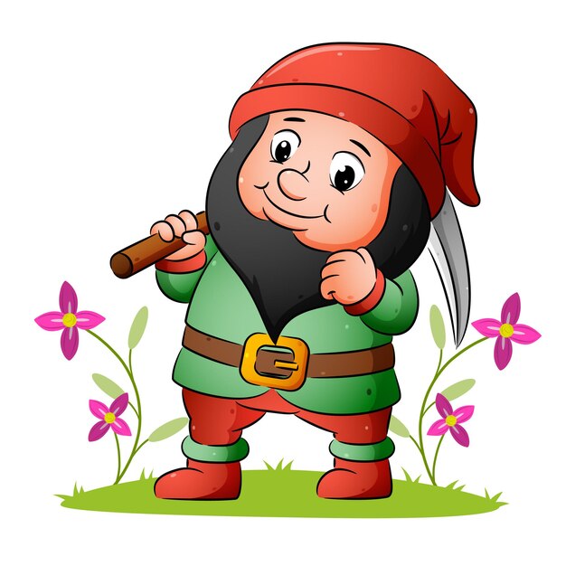 The dwarf is holding the scythe and standing in the garden of illustration