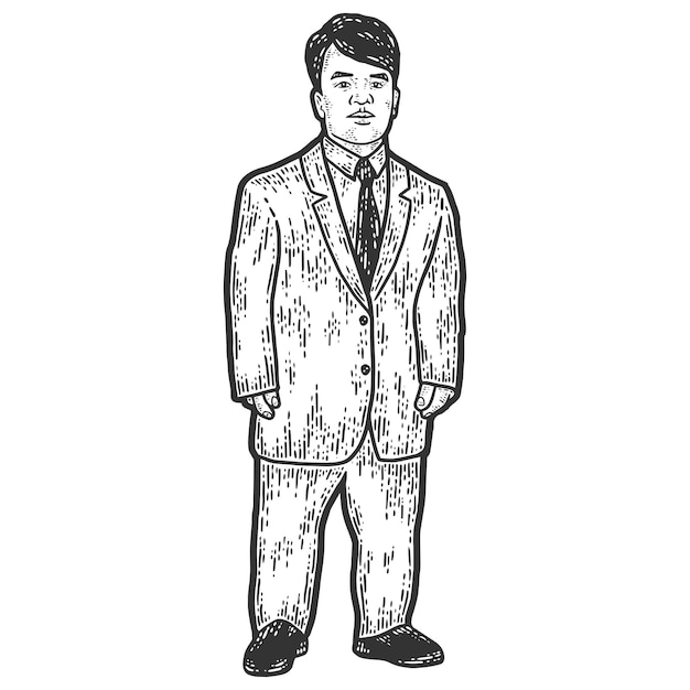 Un uomo nano in giacca e cravatta imitazione di una bacheca da disegno