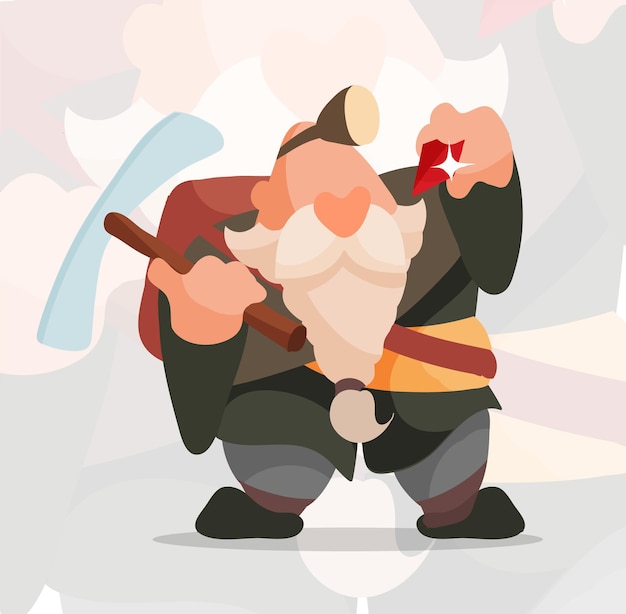 Dwarf miner with a pickaxe found a diamond a fairytale character