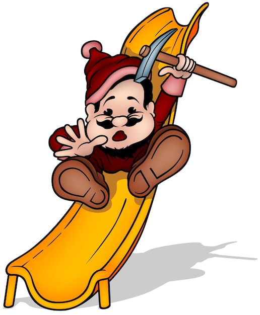 Dwarf in Red Clothes with a Pickax in his Hand on an Orange Slide