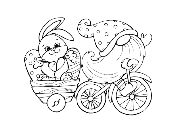 A dwarf riding a bicycle carrying a bunny and easter eggs vector illustration on an isolated background