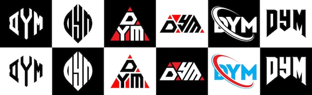 6가지 스타일의 DYM 문자 로고 디자인 DYM 다각형 원 삼각형 육각형 평평하고 간단한 스타일의 검은색과  ⁇ 색 색상 변형 문자 로고를 하나의 아트보드에 설정 DYM 미니멀리즘과 클래식 로고