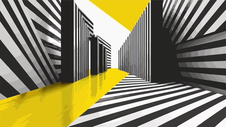 Vector dynamic 3d black and white lines perspective with yellow
