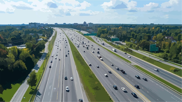 Vector dynamic aerial view of traffic flowing on kings highway