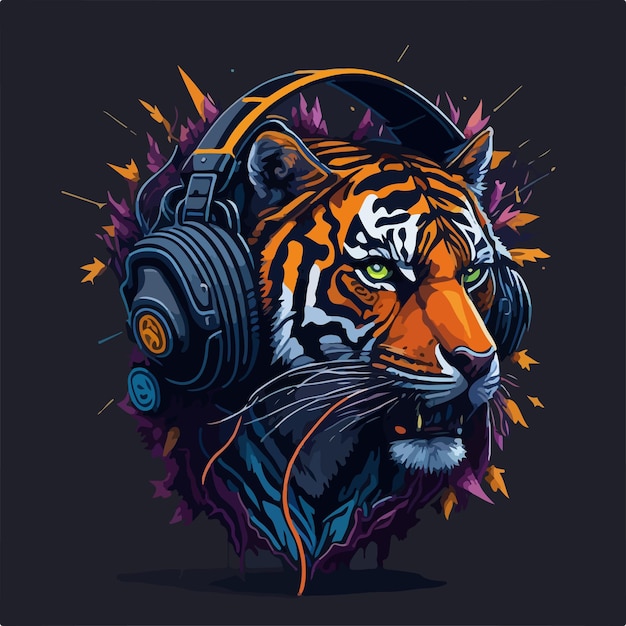 A dynamic artwork of a tiger rapper performing on stage headphones on