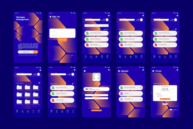 Dynamic blue neon arrow pattern storage management app ui kit-sjabloon