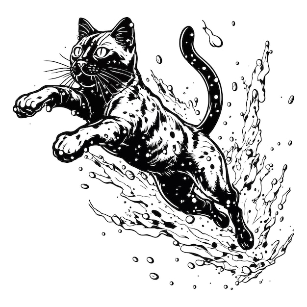 Illustrazione dinamica del gatto di un salto felino e spruzzi d'acqua