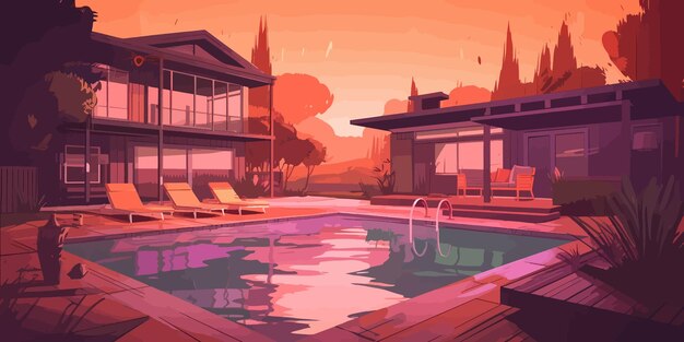 ベクトル ダイナミック コースタル リトリート ピンクの鮮やかな色のスイミング プールのリアルな漫画のイメージ