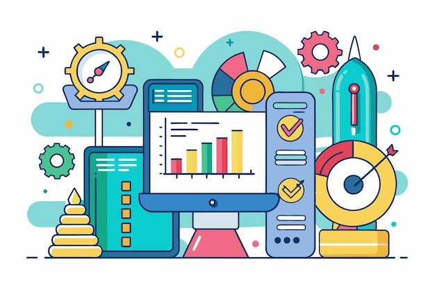 a dynamic digital workspace features customizable metrics with graphs charts and tools for data visualization metrics customizable semi flat illustration
