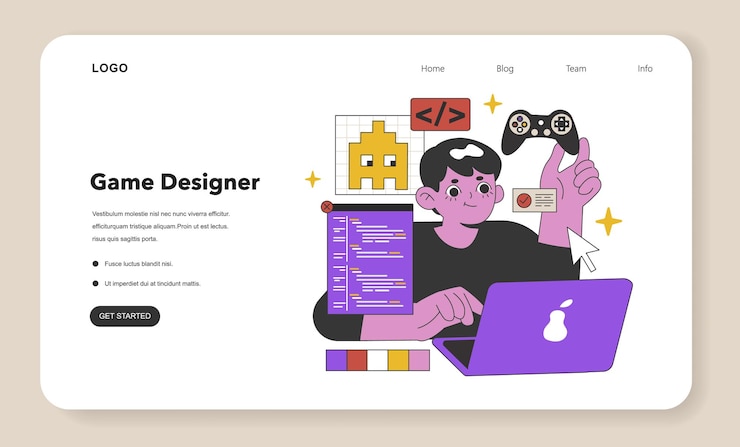 Vector dynamic game designer developing interactive worlds a digital artist codes and conceptualizes