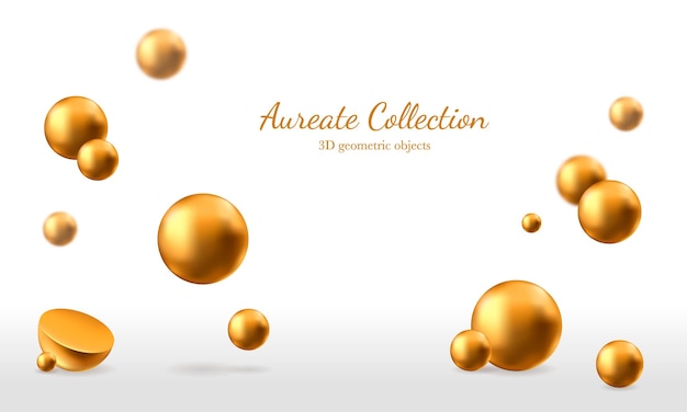 Vector dynamic gold metal 3d objects background with sphere cone torus timber semiround sphere