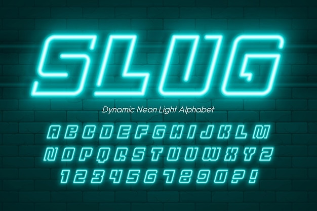 Динамический неоновый свет 3d алфавит, ретро-футуристический оригинальный тип. Контроль цвета образца. перекос 15 градусов