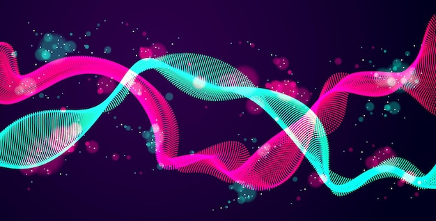 Dynamic particles mutual sound wave flowing over dark. Dotted double curves vector abstract background. Beautiful 3d wave shaped array of shining blended points.