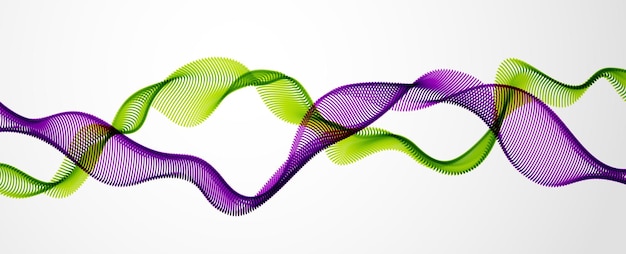 ダイナミックな粒子相互の音波が流れます。二重点線の曲線は、抽象的な背景をベクトルします。ブレンドされたポイントの美しい 3D 波形配列。