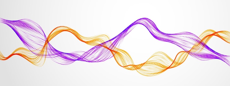 Vector dynamic particles mutual sound wave flowing. double dotted curves vector abstract background. beautiful 3d wave shaped split array of blended points.