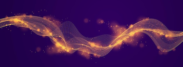 Dynamic particles sound wave flowing over dark. Dotted curves vector abstract background. Beautiful 3d wave shaped array of shining blended points.