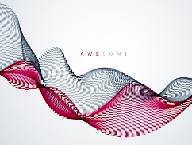 Dynamic particles sound wave flowing. dotted curves vector abstract background. beautiful 3d wave shaped array of blended points.