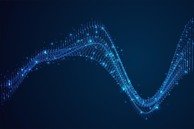 Onda sonora di particelle dinamiche che scorre con luce puntiforme su sfondo blu. sfondo tecnologico