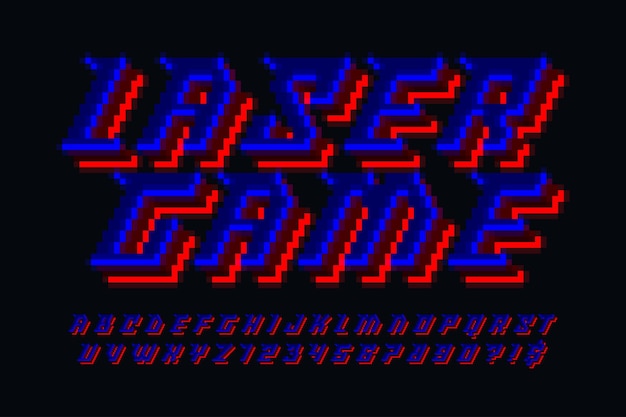 Vettore design dinamico dell'alfabeto al neon pixel stilizzato come nei giochi a 8 bit