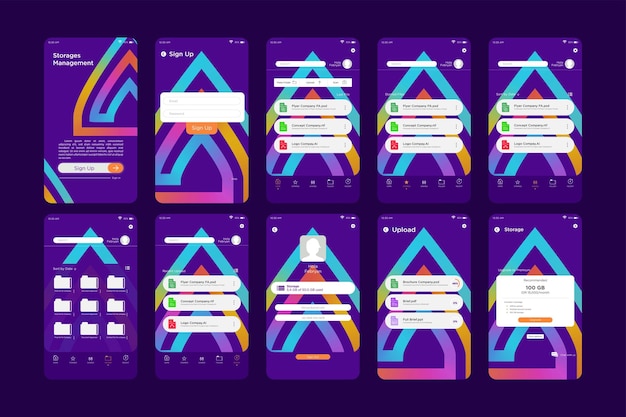 Dynamic psychedelic triangle line gradient color storage management app ui kit template