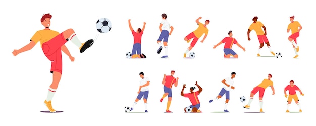 ベクトル 爽快な試合を提供するフィールドでの並外れたスキルと決意を示すさまざまなポーズのサッカー選手のキャラクターのダイナミックなセット漫画の人々のベクトルイラスト