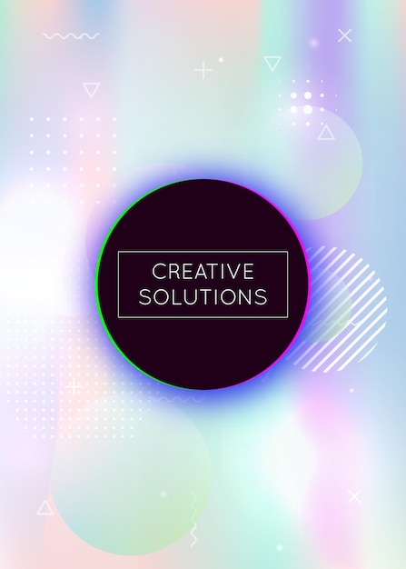 Dynamic shape background with liquid fluid. holographic bauhaus gradient with memphis elements. graphic template for placard, presentation, banner, brochure. pearlescent dynamic shape background.