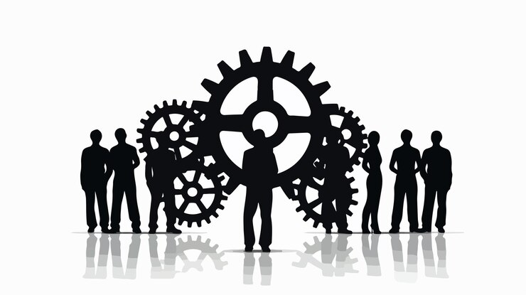 Vector dynamic teamwork silhouettes with gears integration illustration