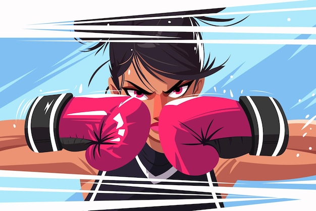 戦闘準備の女性ボクサーのダイナミックなベクトルイラストで,強さと決意を示しています.