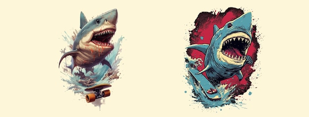 Dynamic Vector Illustration of Sharks Bursting Through Water One on a Skateboard and Another