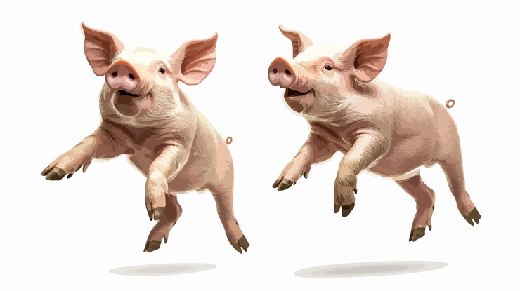 Vector dynamic wide angle centered composition of jumping pigs icon