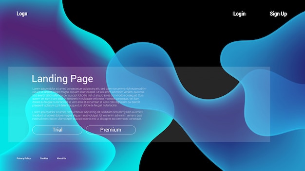 Dynamical colored forms and waves. Gradient abstract landing page with flowing liquid shapes.