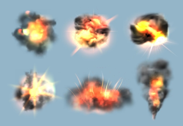 Dynamiet geëxplodeerde effecten. Realistische bomexplosie met brand en rookwolken vectorinzameling. Dynamiet knal en boem, energie explosie illustratie animatie