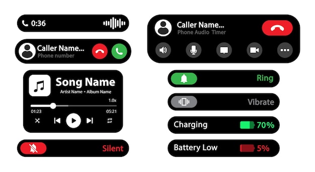 Dynamische eiland interface ontwerp elementen vector beeld modern ontwerp in donkere modus met muziek en oproep