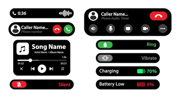 Vector dynamische eiland interface ontwerp elementen vector beeld modern ontwerp in donkere modus met muziek en oproep