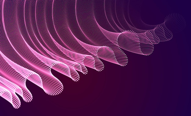 Dynamische magische golf transparant tule textiel op wind over donker, deeltjes stromen, effect in beweging. Vector abstracte achtergrond. 3D-vormige stippen gemengd gaas, ontspannend rustgevend behang.