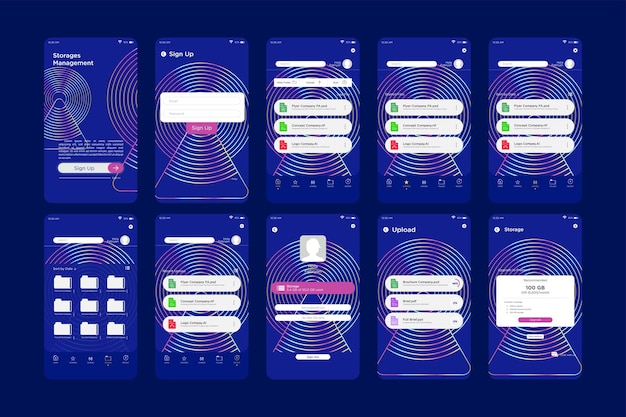 Dynamische psychedelische holografische draadsignaalzender Kleurverloop Opslagbeheer App UI Kit-sjabloon