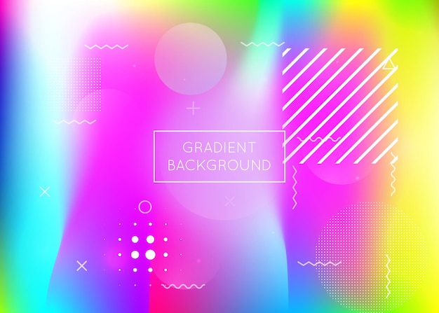 Dynamische vormachtergrond met vloeibare vloeistof. Holografische bauhaus-gradiënt met memphis-elementen. Grafische sjabloon voor flyer, ui, tijdschrift, poster, banner en app. Trendy dynamische vorm achtergrond.