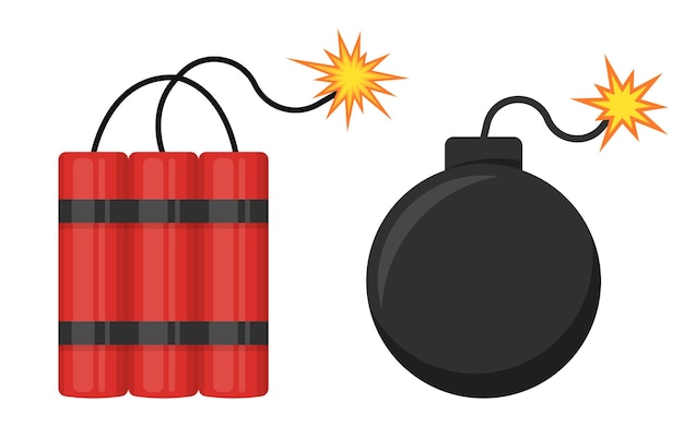 Vector dynamite bomb with burning wick and black sphere bomb vector illustration