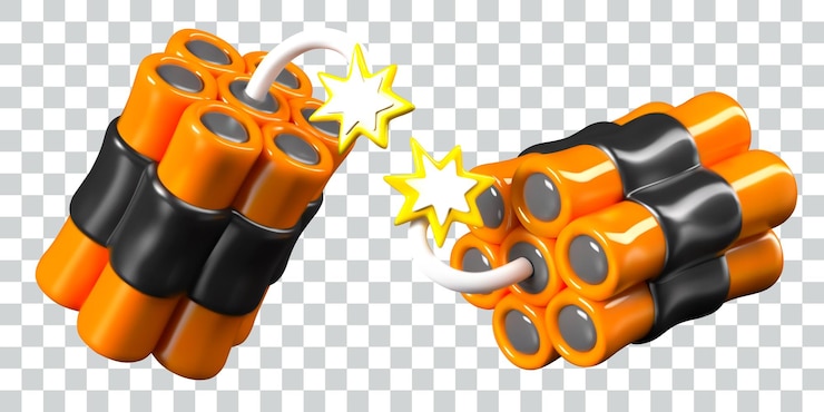 Vector dynamite sticks tied together ignition cord with spark explosive at moment before detonation