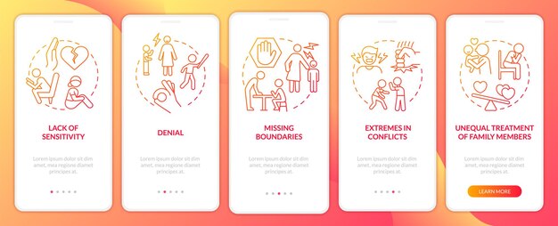 Dysfunctional family signs red gradient onboarding mobile app screen