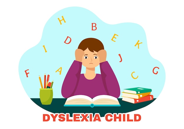 Vector dyslexia children vector illustration of kids dyslexia disorder and difficulty in learning reading
