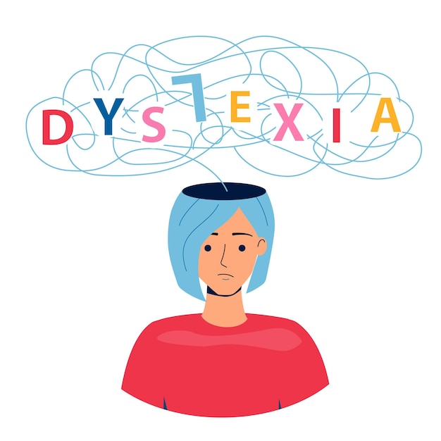 Концепция дислексии и трудностей в обучении Векторная иллюстрация Персонаж молодой девушки читает