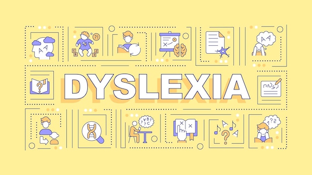 Dyslexia text with various thin line icons concept on yellow monochromatic background editable 2d vector illustration