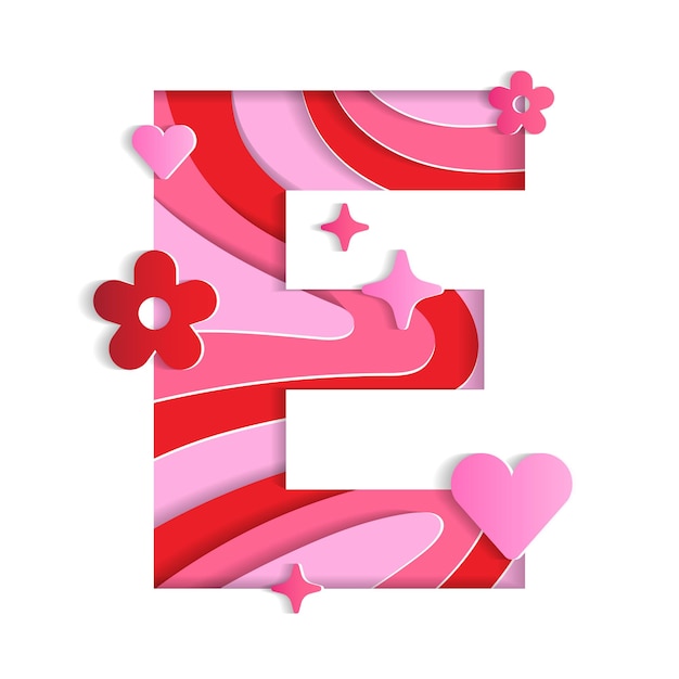 E alphabet valentines day love character font letter paper flower heart 3d layer paper cutout card