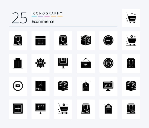 E-commerce 25 Solid Glyph icon pack inclusief commerce box event ja e