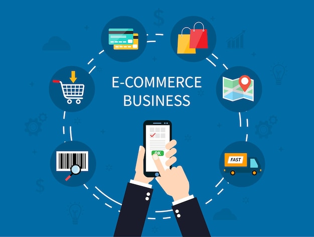 E-commerce betaling online winkelen op blauwe achtergrond. Zakenman hand order goederen.