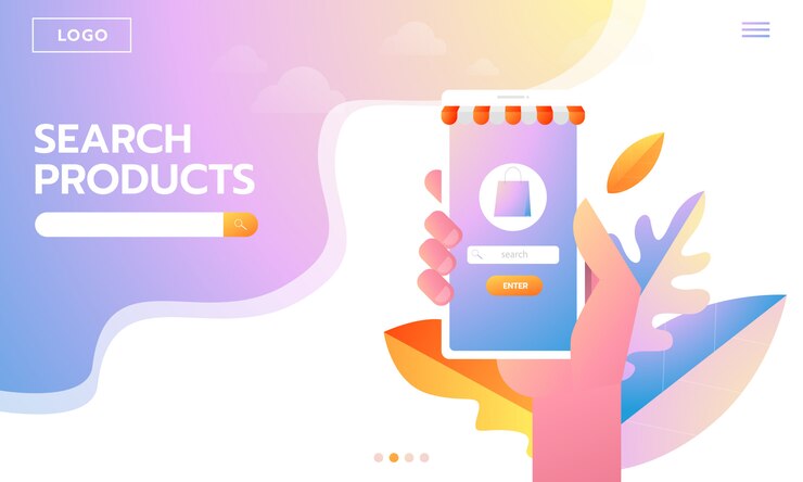 Vector e-commerce buyer. internet items. landing page young woman shopping online. vector illustrations. interacting people