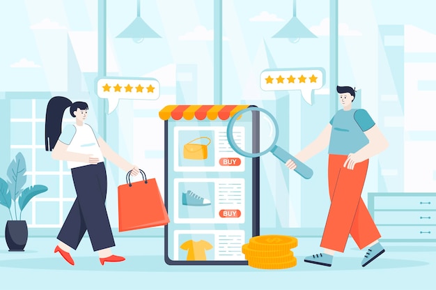 E-commerce concept in platte ontwerp illustratie van personen karakters voor bestemmingspagina