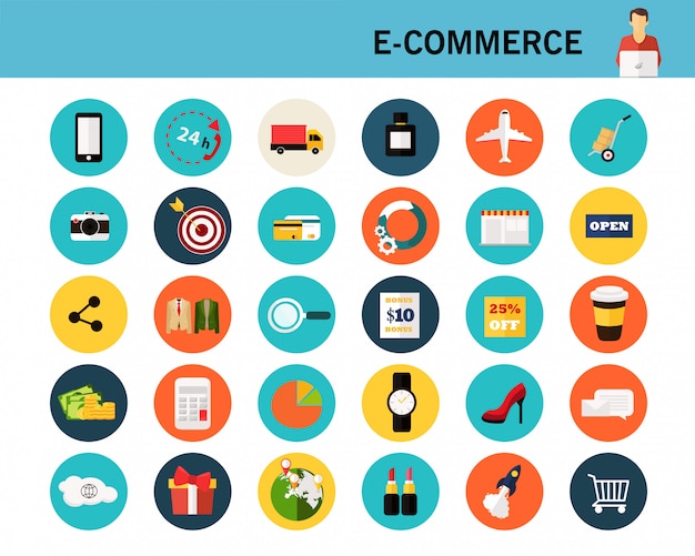 E-commerce concept plat pictogrammen.